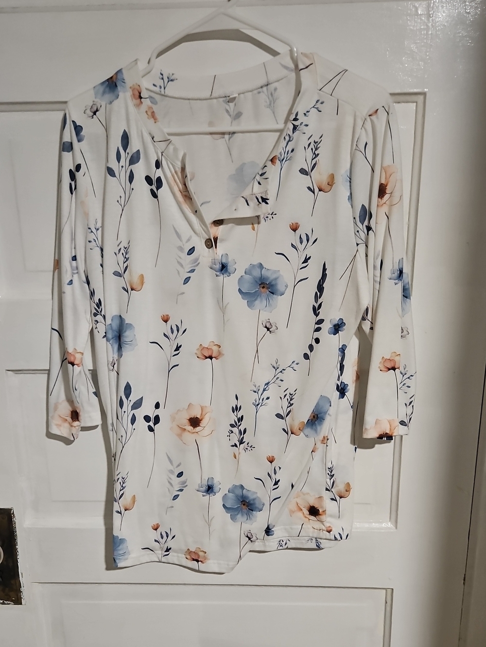 Source Unknown Cream Floral Long Sleeve V-Neck Top - Blue & Peach